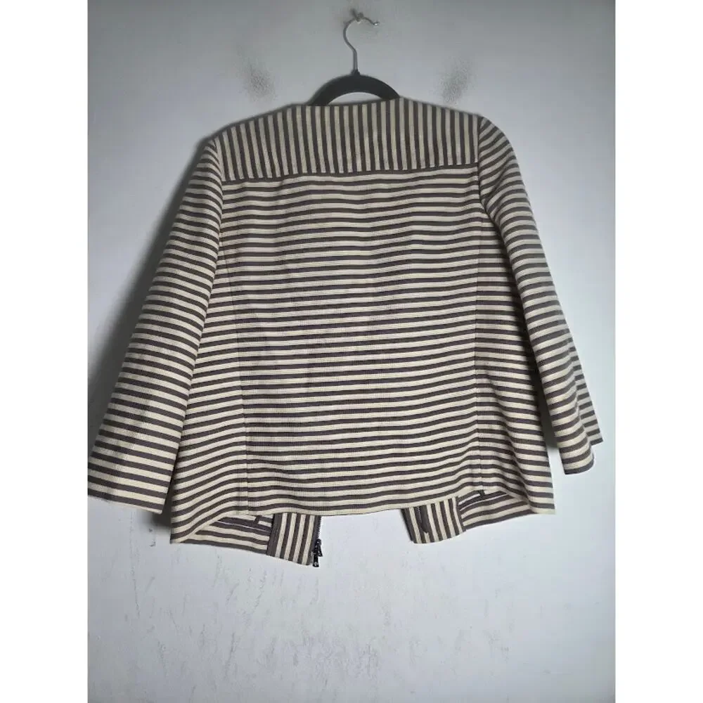 Tory Burch Rene Grey & Cream Stripped Cotton/Silk Zipper Jacket Blazer size 8